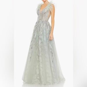 Mac Duggal feather V-neck lace A-line gown